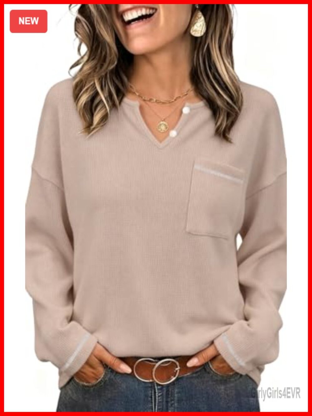Waffle Knit Tunic Top Relaxed V-Neck Long Sleeve Button Womens